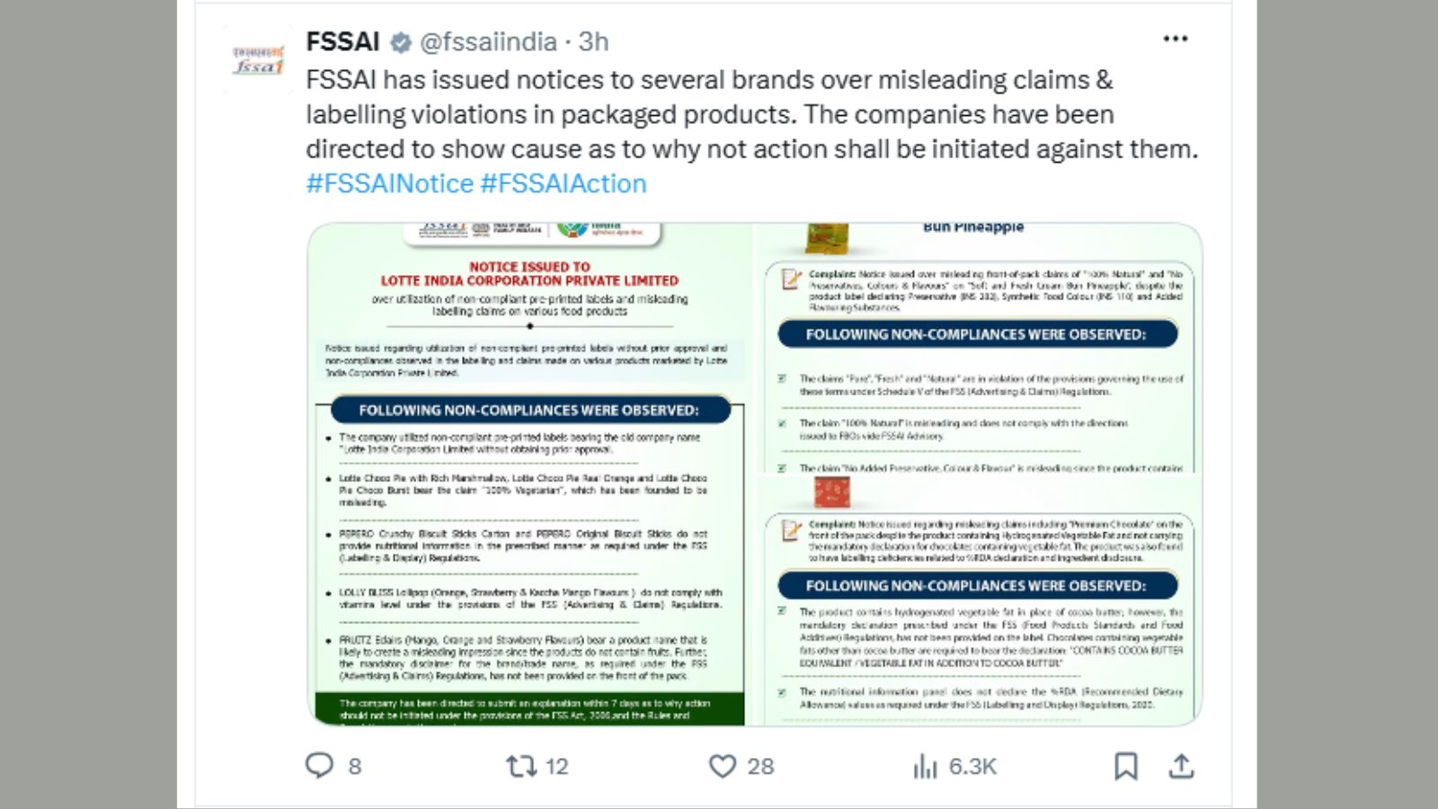 FSSAI issues notices to Lotte India, Ferns N Petals, Kubera Foods over misleading claims