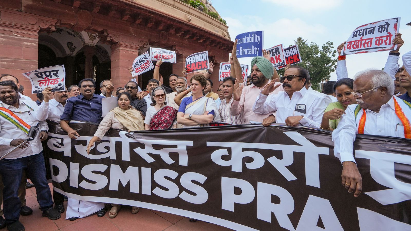 NEET paper leak case: Opposition, NDA MPs face-off outside Parliament