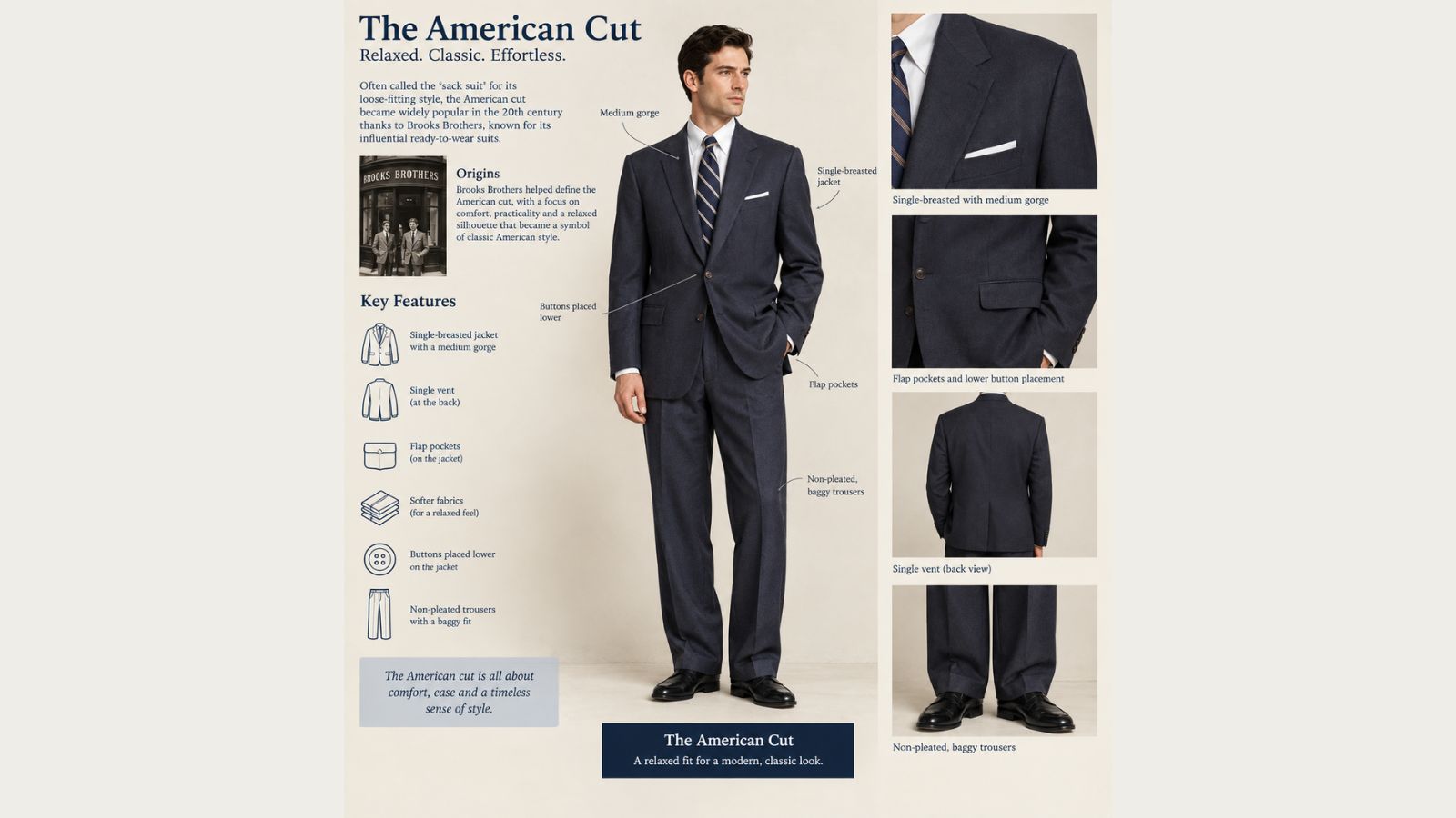 An American cut suit features. Photo: AI generated.