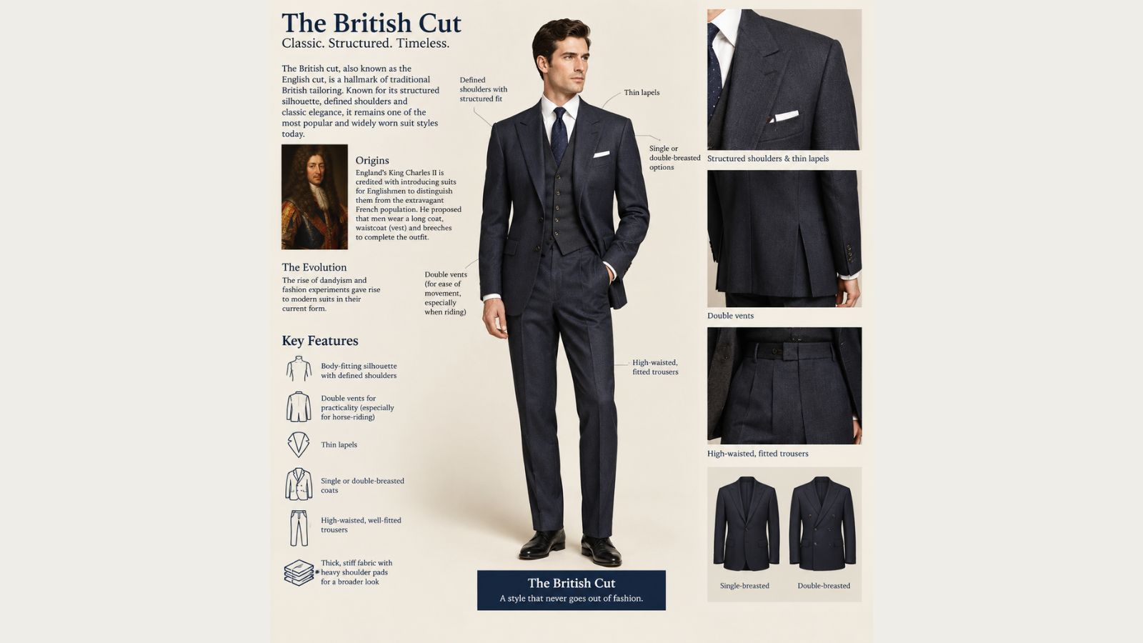 A British/English cut suit features. Photo: AI generated.