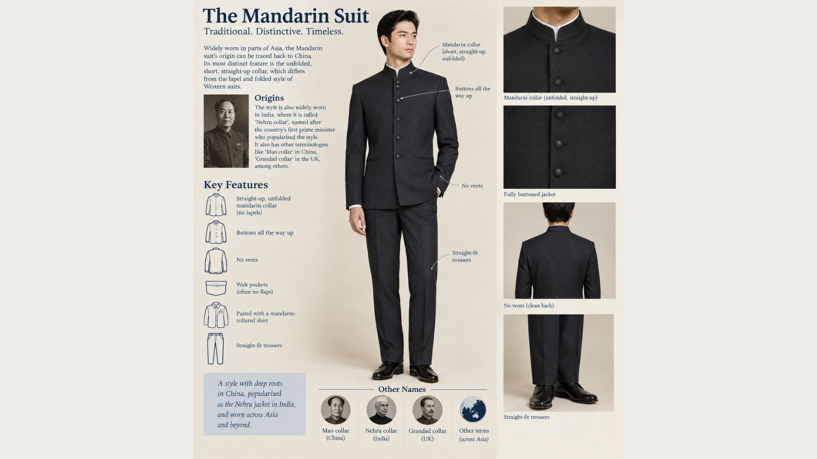 A Mandarin cut suit features. Photo: AI generated.