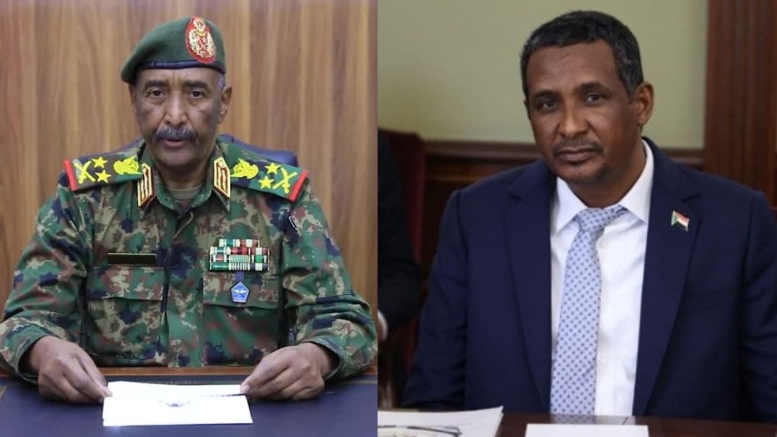 Sudan's army chief Abdel Fattah Al-Burhan (left), RSF chief General Mohamed Hamdan Dagalo (right). Photo: Screengrab/Reuters, Wikimedia commons/Russian Government