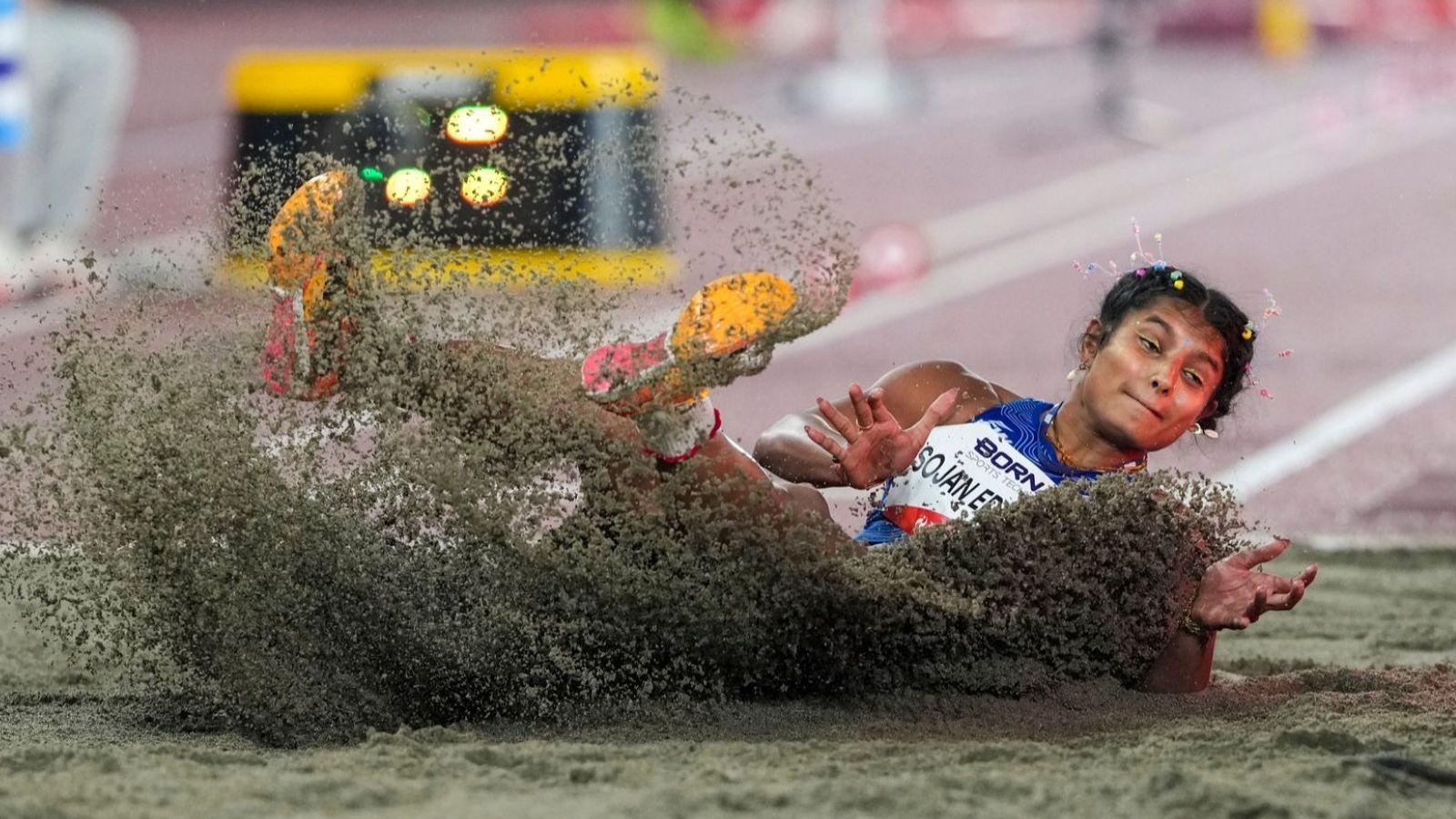 Ancy Sojan competes in women's long jump at Asian Games 2026. Photo: PTI
