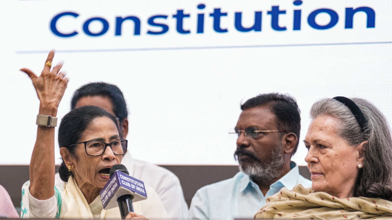 Mamata Banerjee during INDIA bloc press conference in Delhi. Photo: PTI