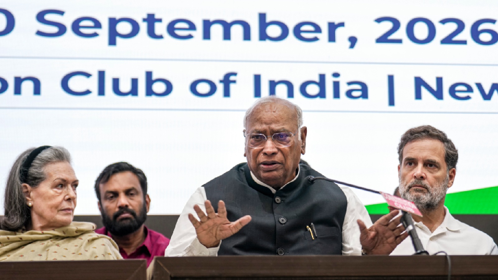 Mallikarjun Kharge during INDIA bloc press conference in Delhi. Photo: PTI