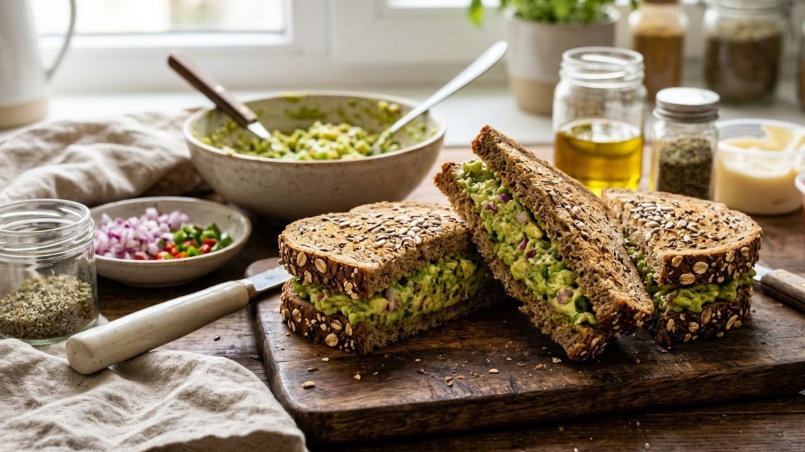 Whole grain bread with avocado filling. AI-generated