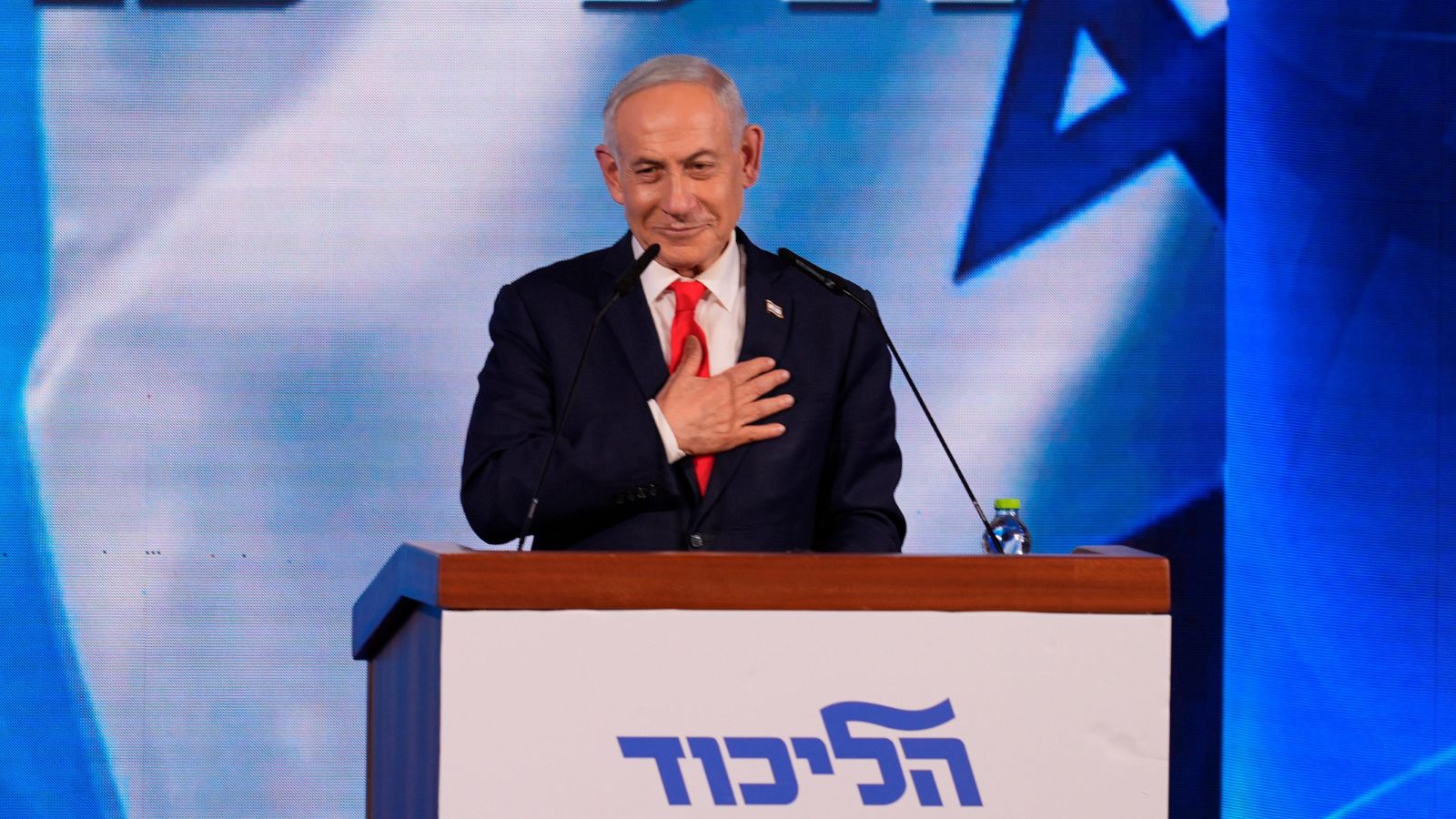 Israeli Prime Minister Benjamin Netanyahu gestures as he speaks to supporters at Likud party headquarters in Jerusalem on October 28, 2026. Photo: AP/PTI